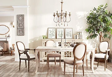 Dining room with art nouveau chandelier, table and chairs